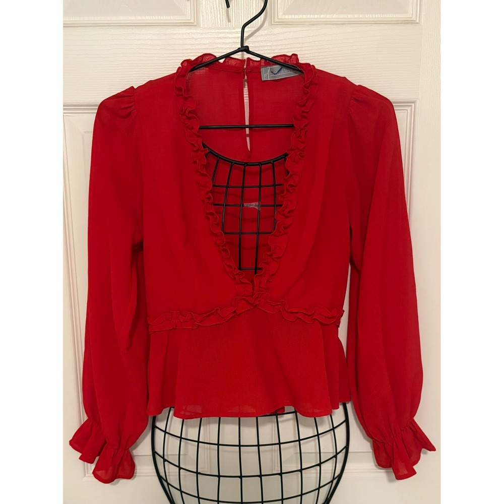 Red Chiffon Ruffle Peplum Blouse Sheer Long Sleeve V-Neck Top Sz S Feminine Date